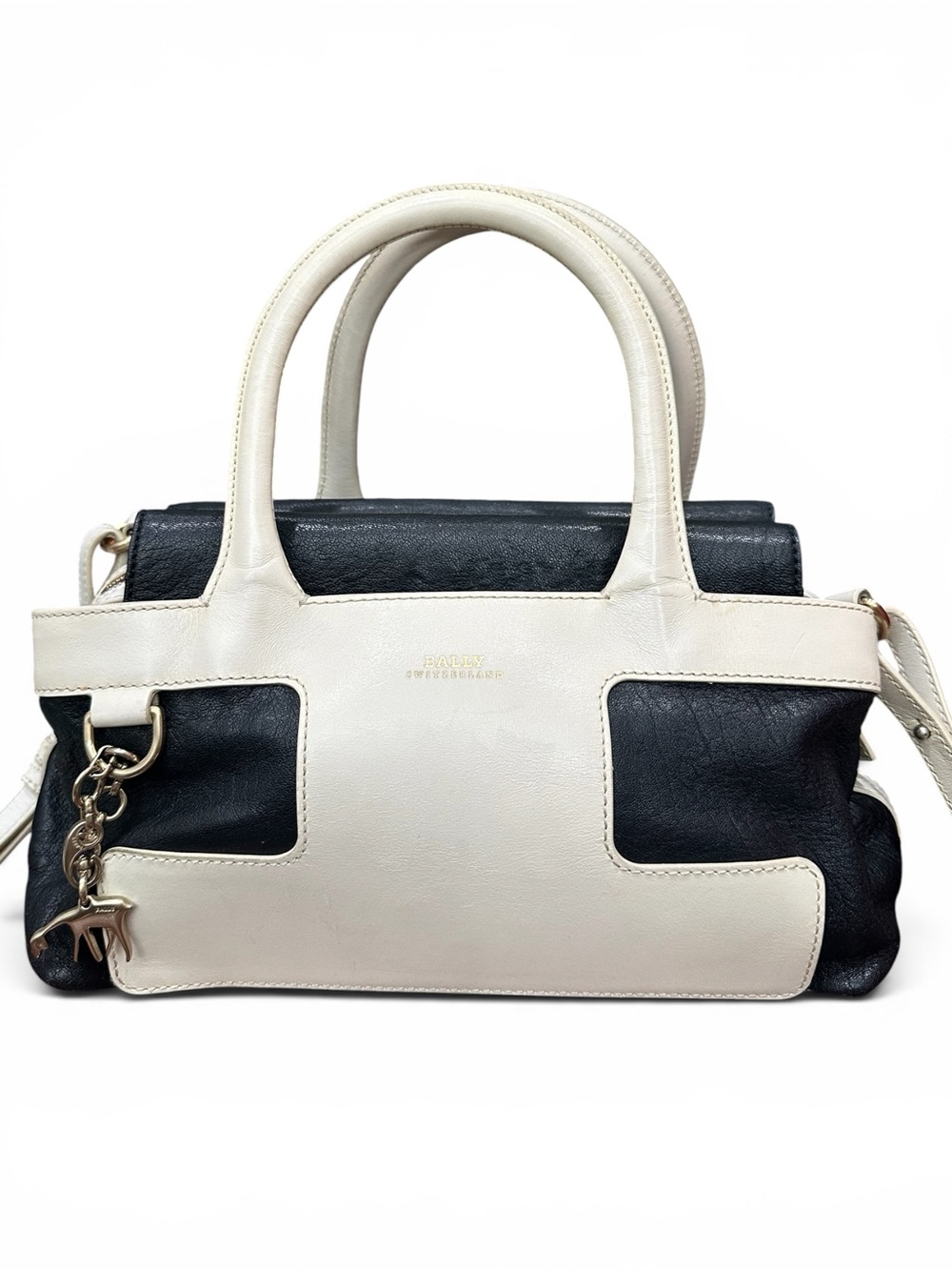 Bally Pama-SM Black & Ivory Leather Satchel Crossbody Bag Swiss Made Goat Charm
